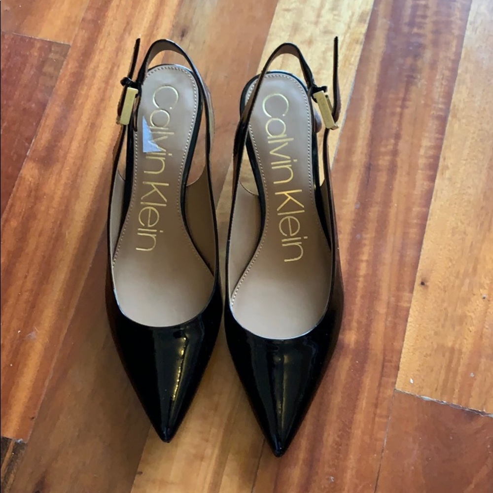 Calvin Klein patent leather kitten heel sling back